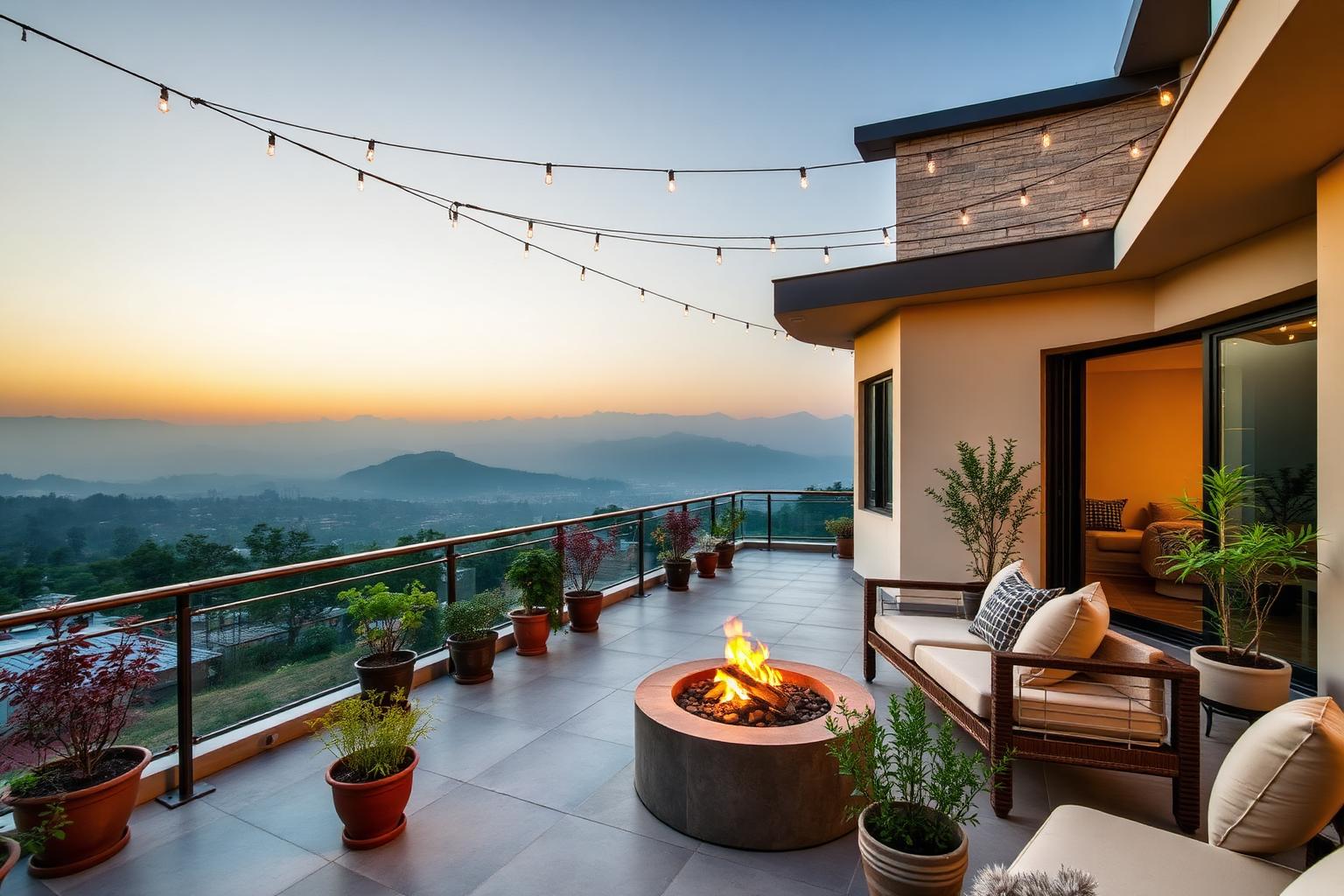 Golden-hour rooftop lounge — Rooftop Terrace interior in a Karki model home