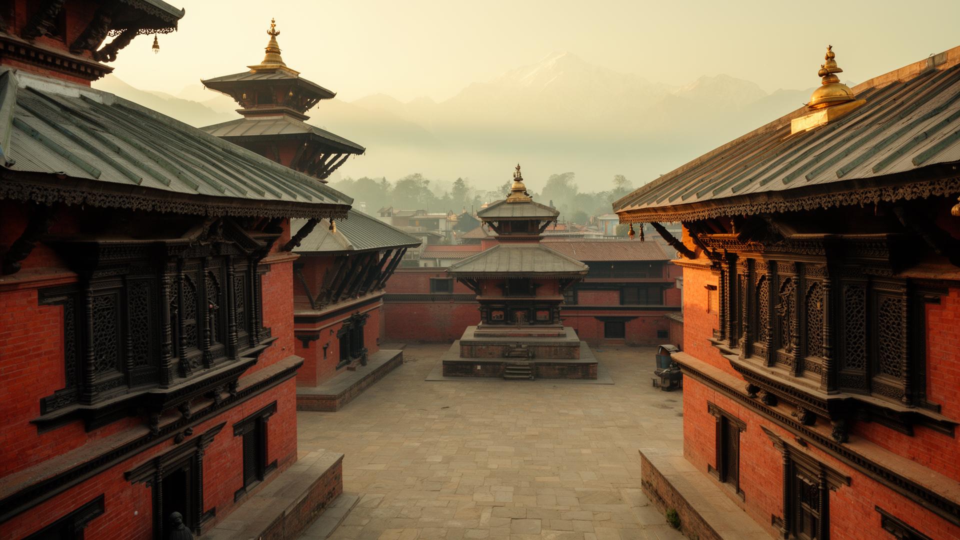 Traditional Nepali pagoda architecture with carved teak windows and Himalayan backdrop